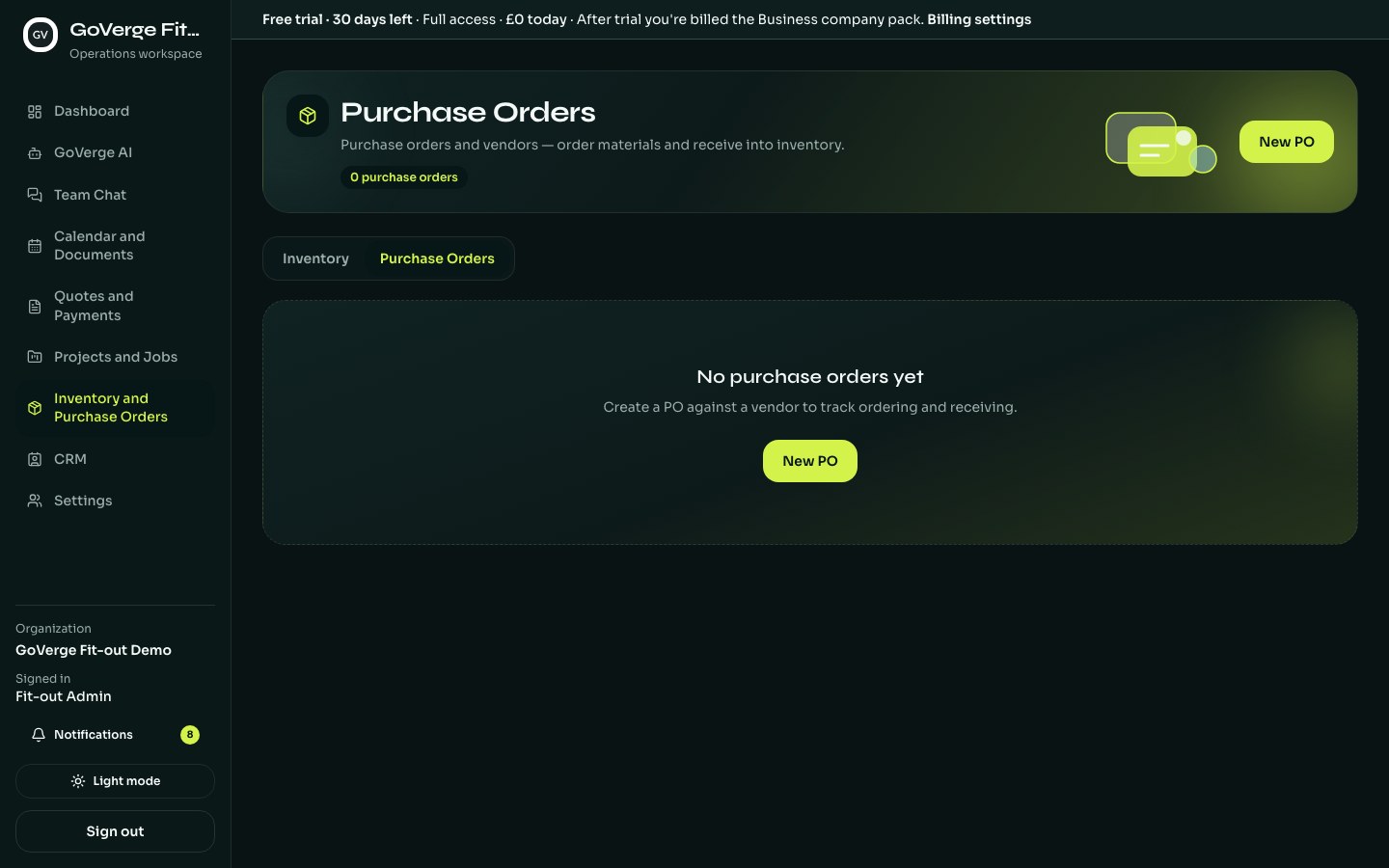 Purchase orders in GoVerge
